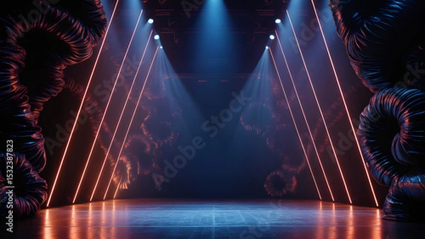 Fototapeta Futuristic sci-fi stage with dramatic red neon lights and abstract black coiled structures under spotlights
