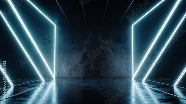 Fototapeta Futuristic dark room with glowing blue neon light lines and reflective floor in abstract sci-fi interior