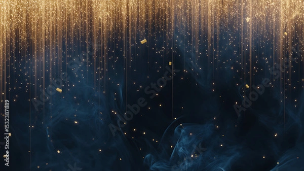 Fototapeta Golden rain of glowing particles falling through dark smoke in elegant abstract celebration background
