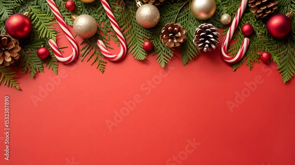 Fototapeta Christmas border with festive candy canes, ornaments, pine cones and evergreen branches on red background