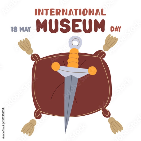 Fototapeta International Museum Day on May 18. sword, blade made of precious materials on cushion with tassels. Flat color illustration for use in posters, articles, social media related, history. banner