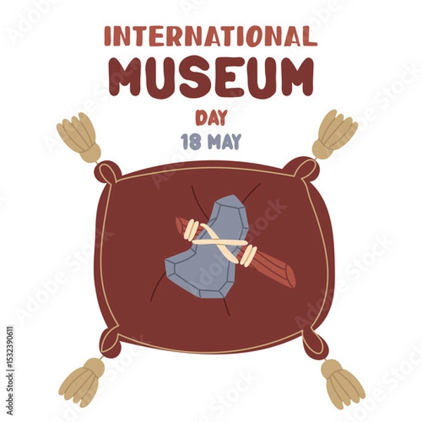 Fototapeta International Museum Day on May 18. prehistoric tool on a cushion with tassels. Flat color illustration for use in posters, articles, and social media related to science and history. banner