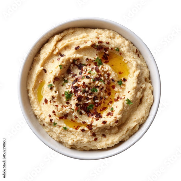 Fototapeta A top view of a bowl of hummus topped with olive oil spices and parsley in a white bowl on black