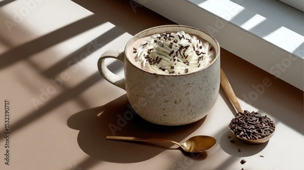 Fototapeta A stylish, minimalistic flat lay featuring a rustic ceramic mug filled with a creamy beverage, likely hot chocolate or coffee, topped with whipped cream and chocolate sprinkles. 