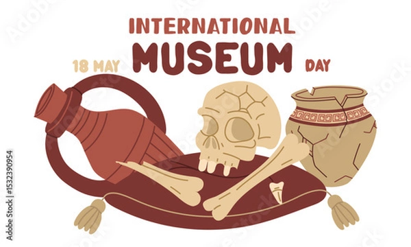 Fototapeta May 18 is International Museum Day. A skull, bones, teeth on a pillow with a jug and . Flat color illustration for use in posters, articles, and social media related to science and history. banner