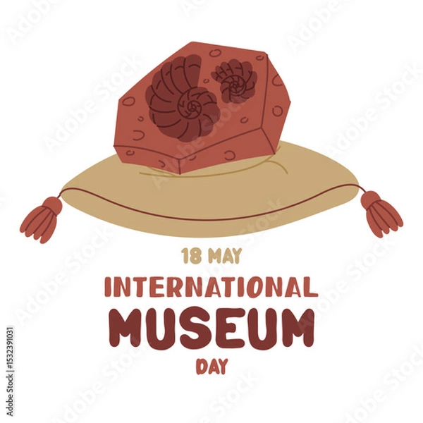 Fototapeta International Museum Day on May 18. fossil of a prehistoric shell on a pillow. Flat color illustration for use in posters, articles, and social media related to science and history. Square banner