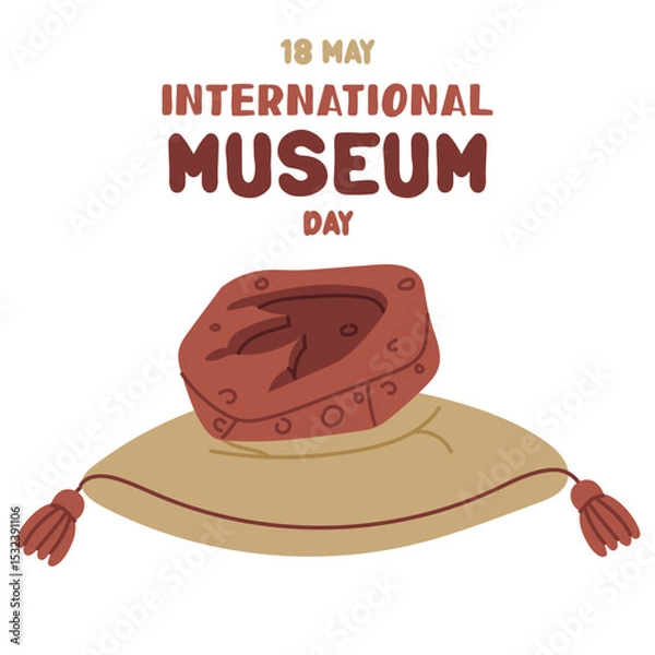 Fototapeta International Museum Day on May 18. fossil footprint of an allosaurus on pillow. Flat color illustration for use in posters, articles, social media related to science and history. Square banner
