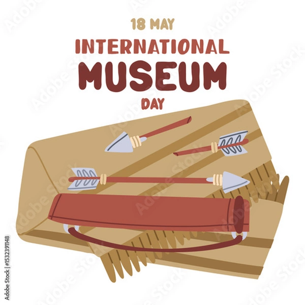 Fototapeta International Museum Day on May 18. An antique quiver with arrows on bedspread. Flat color illustration for use in posters, articles, and social media related to science and history. Square banner