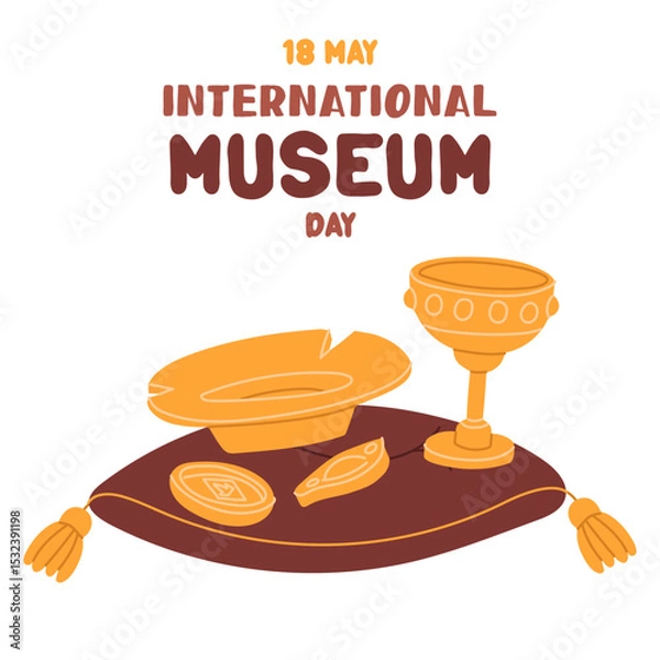 Fototapeta International Museum Day on May 18. Gold jug, plate, coins on a pillow with tassels. Flat color illustration for use in posters, articles, and social media related to science and history. Square