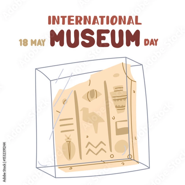 Fototapeta May 18 on International Museum Day. part of an Egyptian plate with hieroglyphs on stand under glass. Flat color illustration for use in posters, articles, social media, science and history. Square