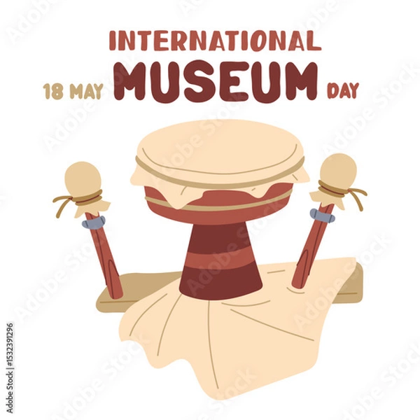 Fototapeta International Museum Day on May 18. An antique animal skin drum. Flat color illustration for use in posters, articles, and social media related to science and history. banner Square