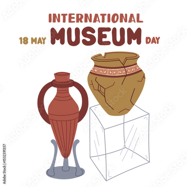 Fototapeta International Museum Day on May 18. broken jug with Greek ornaments on glass cube, vase on stand. Flat color illustration for use in posters, articles, and social media related to science and history