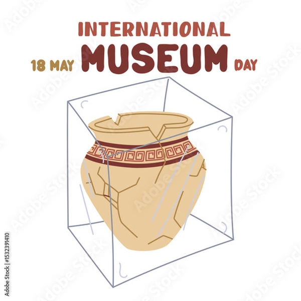Fototapeta International Museum Day on May 18. broken jug with a Greek ornament under glass. Flat color illustration for use in posters, articles, and social media related to science and history. Square Banner