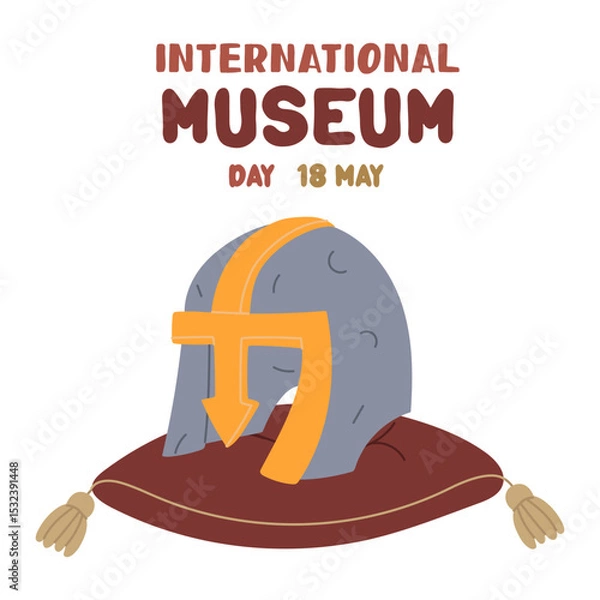 Fototapeta International Museum Day on May 18. metal helmet on a pillow. Military protection. Flat color illustration for use in posters, articles, and social media related to science and history. Square Banner