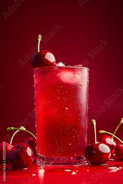 Fototapeta Cherry juice with cherries on a red background