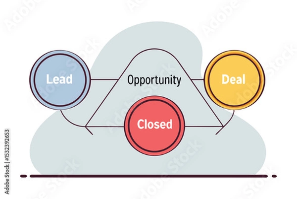 Fototapeta Pill-shaped cubes each labeled “Lead,” “Opportunity,” “Deal,” “Closed,” in a smooth flowchart