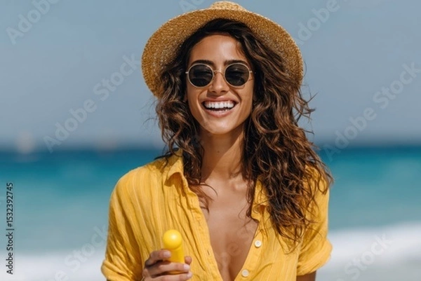 Obraz Woman enjoying sunshine at the beach while holding sunscreen, wearing sunglasses and a straw hat