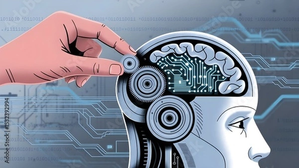 Obraz Human Hand Adjusting Gears in a Robotic Head with Circuitry Design
