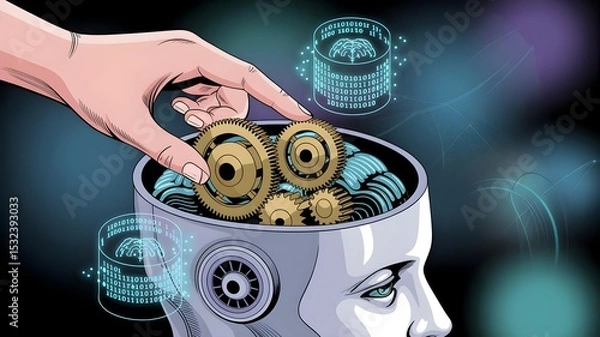 Obraz Hand Operating Gears Inside Artificial Intelligence Brain Illustration