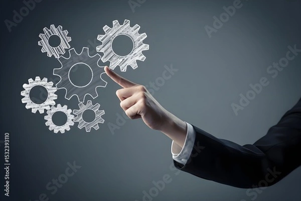 Obraz Businessman Touching Virtual Gears on Dark Background for Concept
