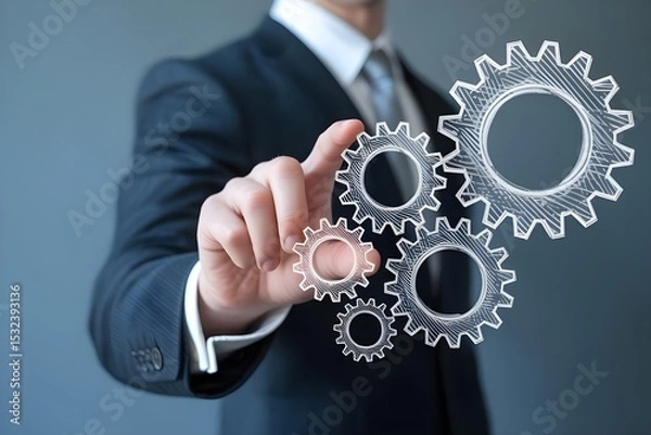 Obraz Businessman Interacting with Digital Gears in Modern Office Setting