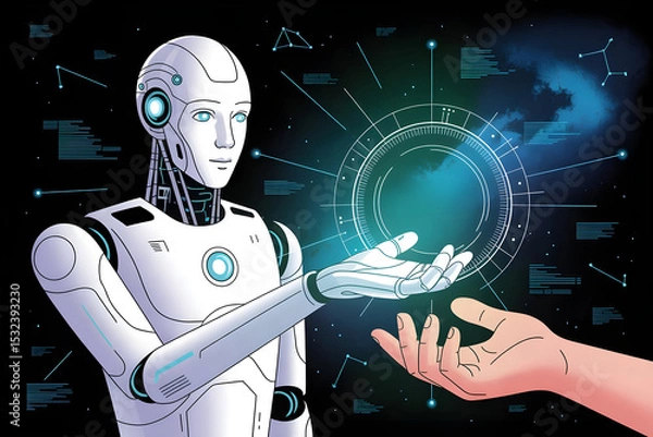 Obraz Futuristic Robot Interaction with Human Hand in Digital Space