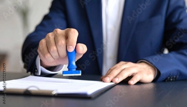 Obraz Hand man stamping documents notary public in office. Businessperson stamping approval of work finance banking or investment marketing documents on desk.