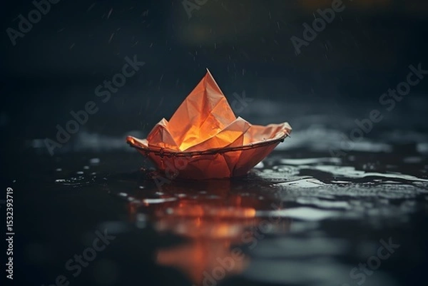 Fototapeta A glowing paper boat with a light floating in the dark water at night. It evokes freedom and peace.

