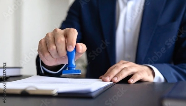 Obraz Hand man stamping documents notary public in office. Businessperson stamping approval of work finance banking or investment marketing documents on desk.