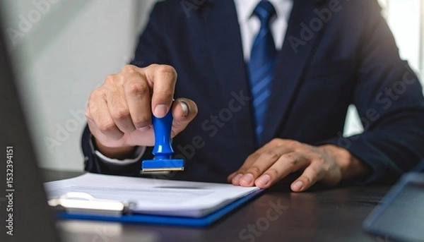 Obraz Hand man stamping documents notary public in office. Businessperson stamping approval of work finance banking or investment marketing documents on desk.