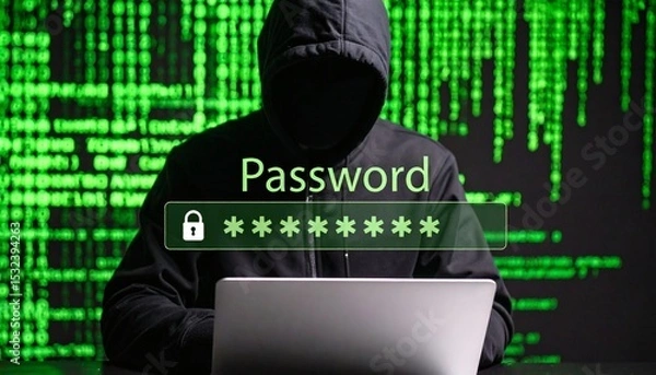 Fototapeta Hacker in silhouette targeting encrypted password data on a digital screen.