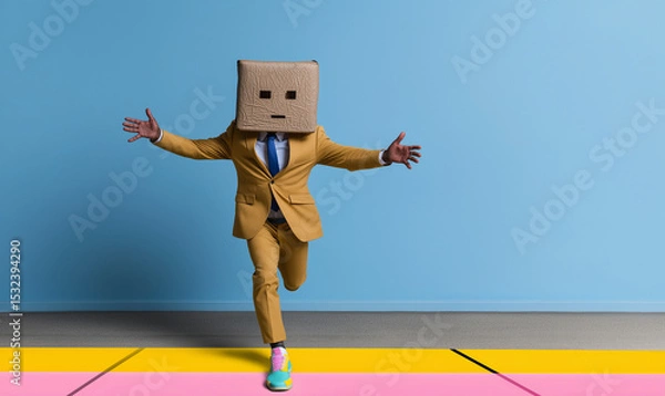 Fototapeta Man in yellow suit wwearing box over head with minimal expressionless face running toward the camera – surreal photo for identity and creativity concepts.