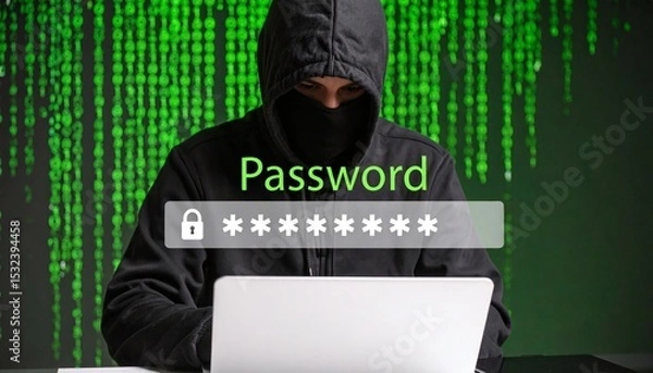 Fototapeta Hacker in silhouette targeting encrypted password data on a digital screen.