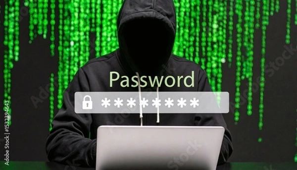 Fototapeta Hacker in silhouette targeting encrypted password data on a digital screen.