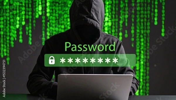 Fototapeta Hacker in silhouette targeting encrypted password data on a digital screen.