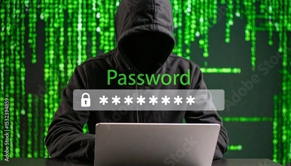 Fototapeta Hacker in silhouette targeting encrypted password data on a digital screen.
