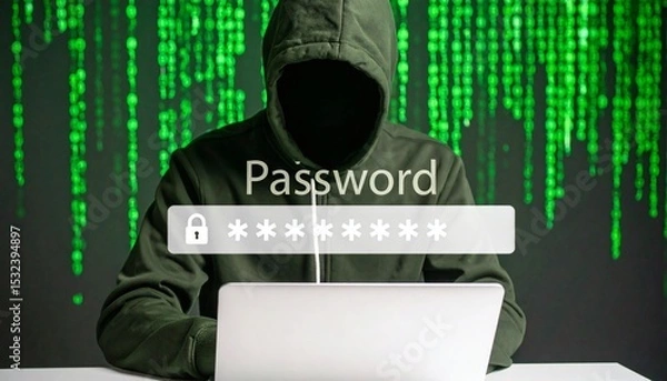 Fototapeta Hacker in silhouette targeting encrypted password data on a digital screen.