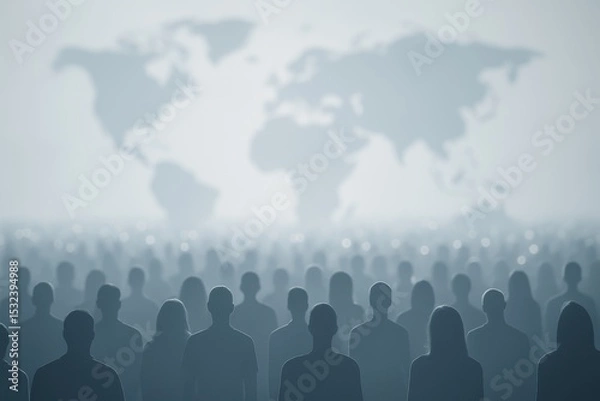 Obraz A conceptual image showing a large, anonymous crowd of human silhouettes in shades of gray, facing forward. In the background, a soft world map fades into a misty white gradient, 