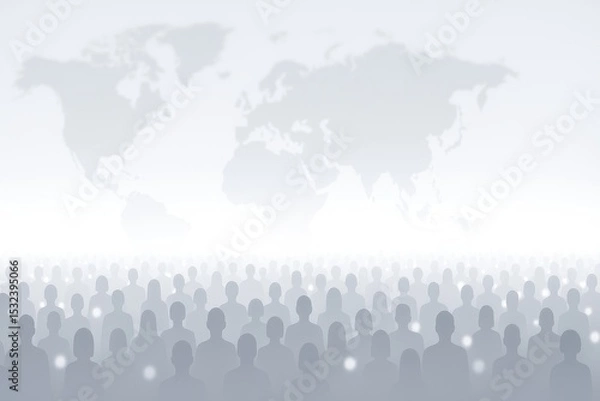 Obraz A conceptual image showing a large, anonymous crowd of human silhouettes in shades of gray, facing forward. In the background, a soft world map fades into a misty white gradient, 