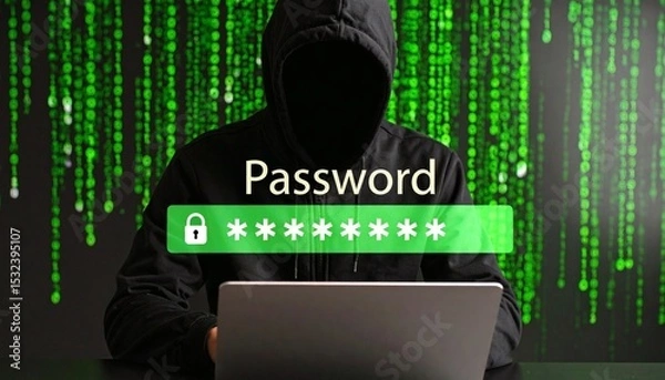 Fototapeta Hacker in silhouette targeting encrypted password data on a digital screen.