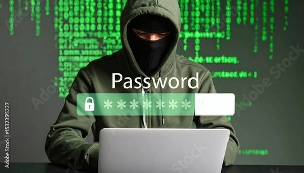 Fototapeta Hacker in silhouette targeting encrypted password data on a digital screen.