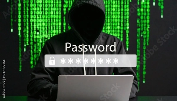 Fototapeta Hacker in silhouette targeting encrypted password data on a digital screen.
