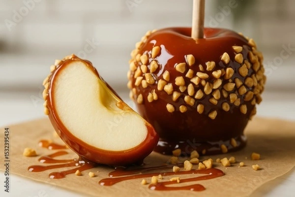 Fototapeta Caramel apple with nuts and sliced piece dripped in caramel on paper