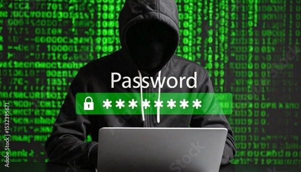 Fototapeta Hacker in silhouette targeting encrypted password data on a digital screen.