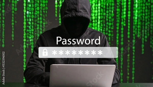 Fototapeta Hacker in silhouette targeting encrypted password data on a digital screen.