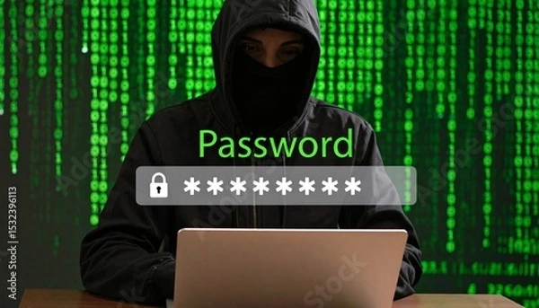Fototapeta Hacker in silhouette targeting encrypted password data on a digital screen.