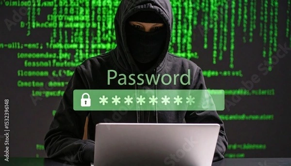 Fototapeta Hacker in silhouette targeting encrypted password data on a digital screen.