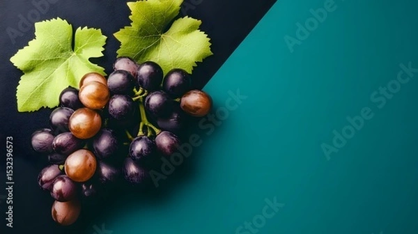 Fototapeta Juicy Red and Purple Grapes with Green Leaves on Teal Background
