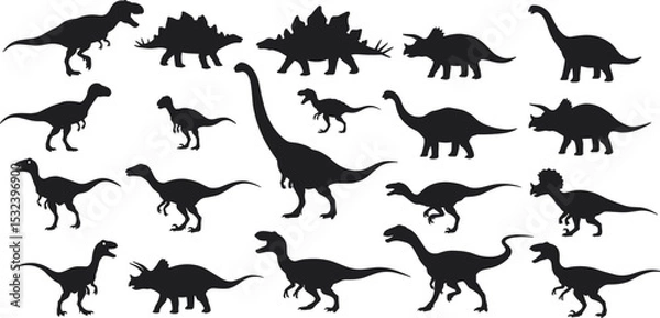 Fototapeta Collection of dinosaur silhouettes in black vector style, prehistoric animal icons, Jurassic creature graphics, extinct species illustration for design