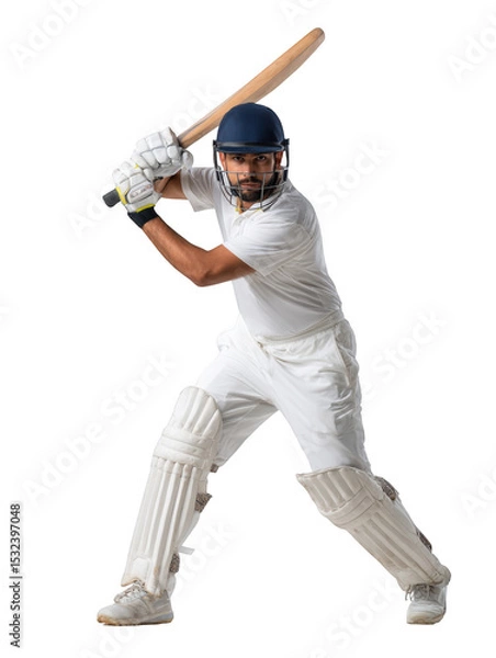 Fototapeta Cricket player in white uniform and helmet holding bat in stance against black background in studio shot